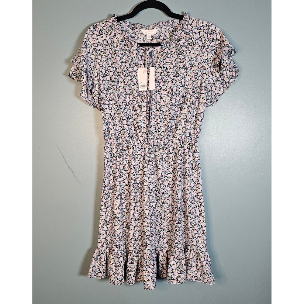 NWT LC Lauren Conrad Navy Pink Purple Ditsy Floral Pleat Neck Dress Women's S